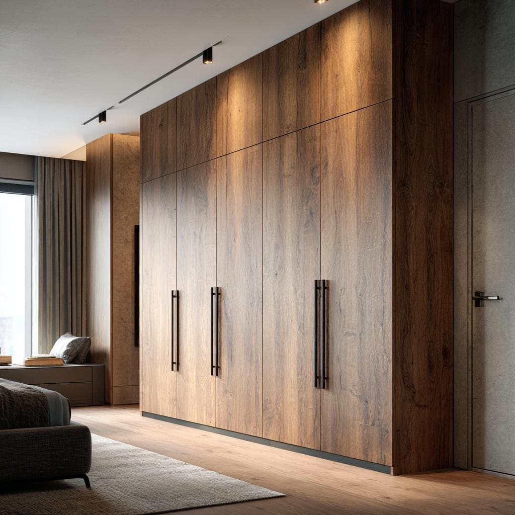 A modern wooden wardrobe with sleek black handles and integrated loft storage in a bedroom.