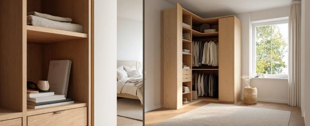 Minimalist small corner wardrobe design in light wood with open shelves and hanging rods.