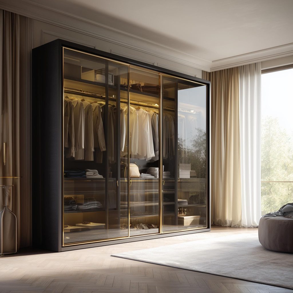 A luxury wooden sliding wardrobe design with transparent glass doors and gold metal frames.