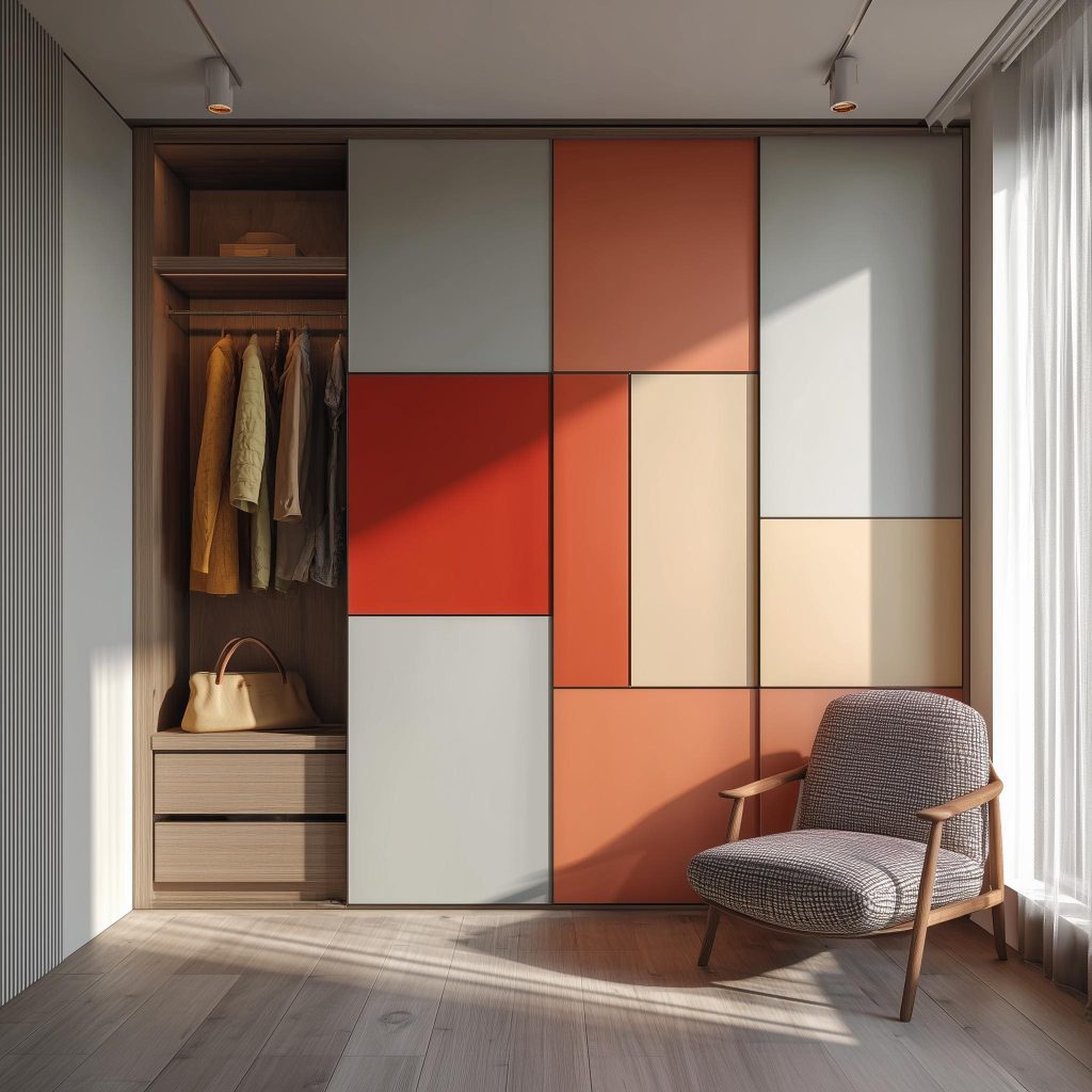 A vibrant wooden sliding wardrobe featuring a Mondrian-style pattern with colorful panels.