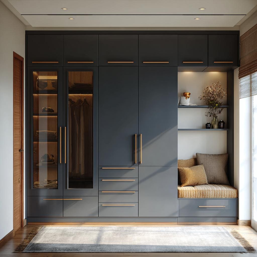 Premium charcoal grey wooden wardrobe designs featuring glass shutters and gold handles.