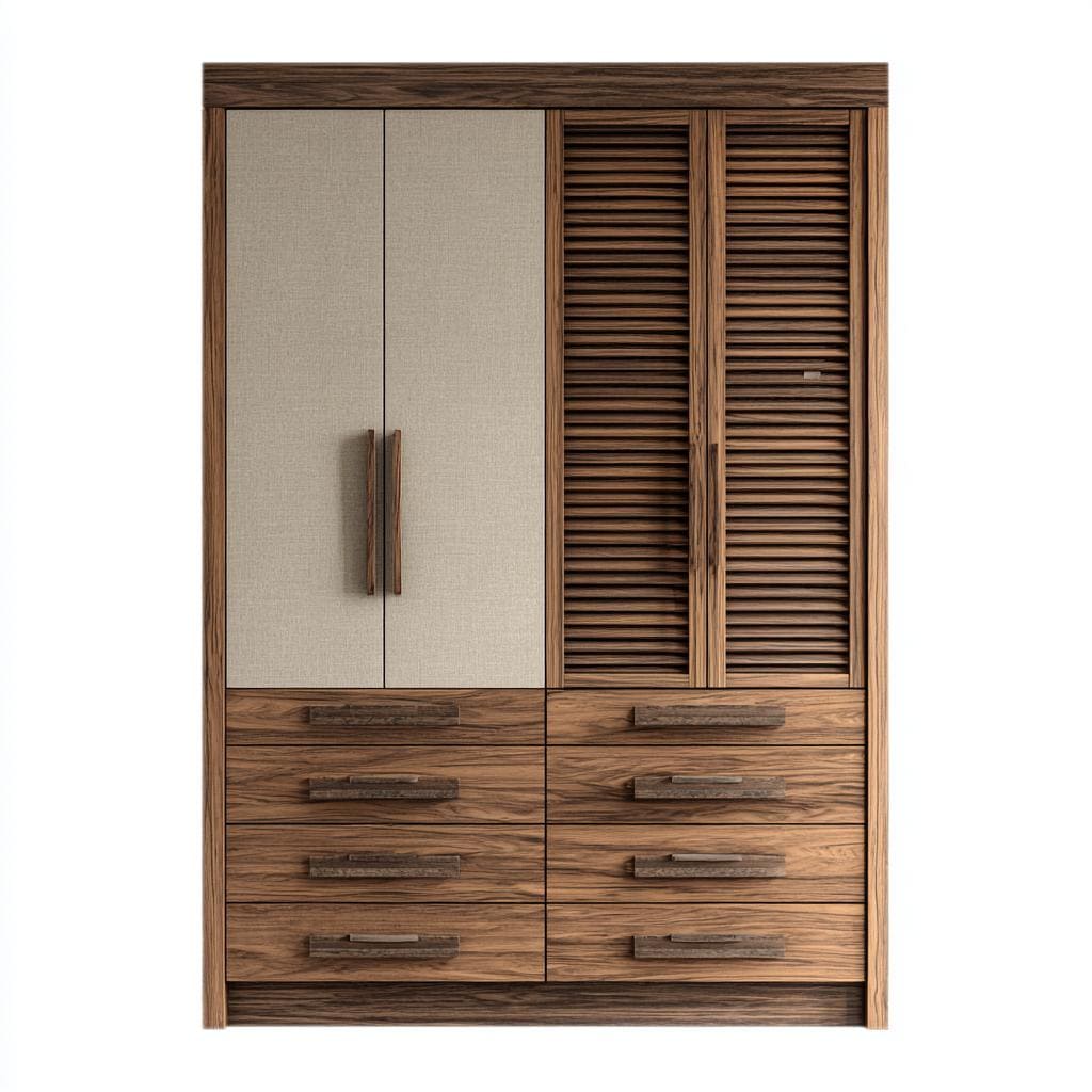 A high-quality wooden wardrobe with louvered doors and multiple storage drawers below.