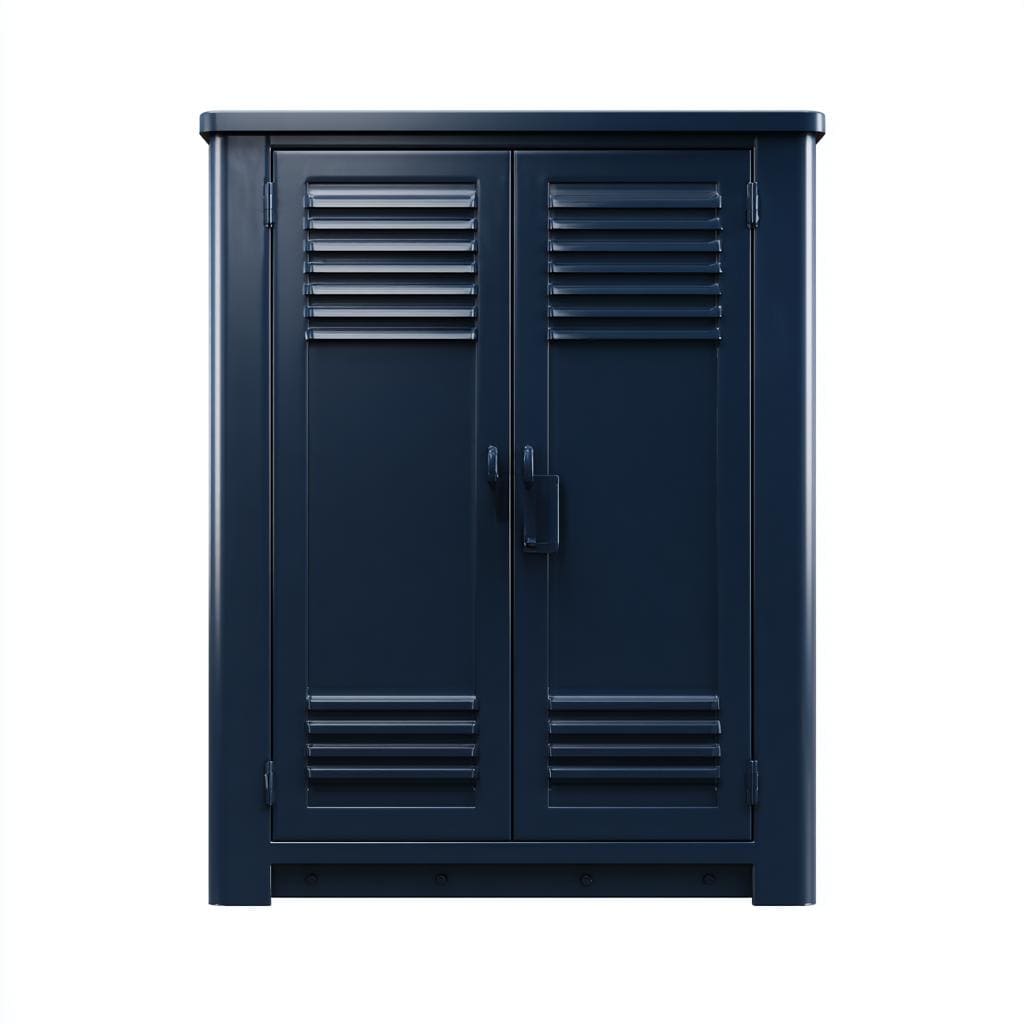 A sturdy navy blue metal wardrobe with ventilated locker-style doors for small spaces.