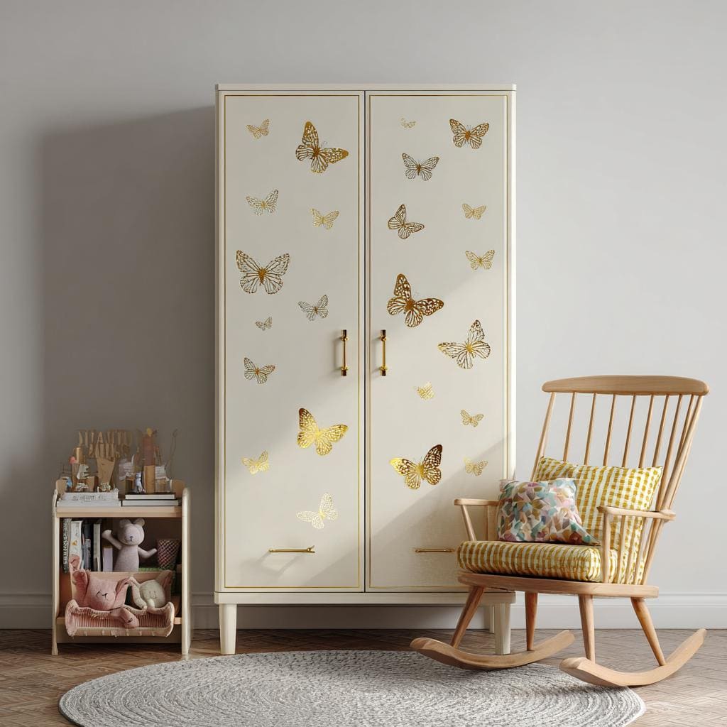 An elegant cream wooden wardrobe with mirror butterfly decals and gold handles in a nursery.