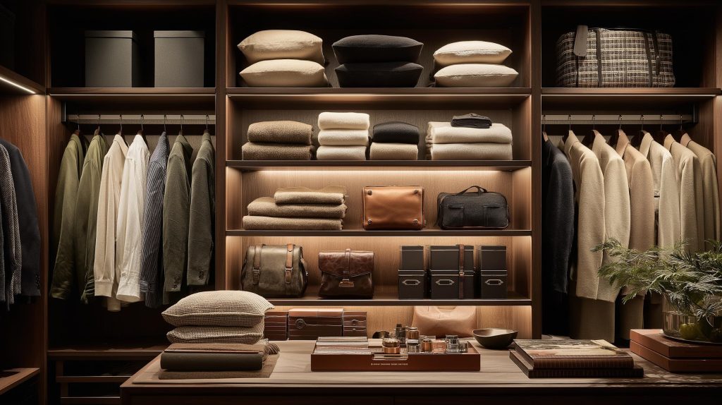 A well-organized men's wardrobe with folded sweaters, leather bags, and jacket sections.