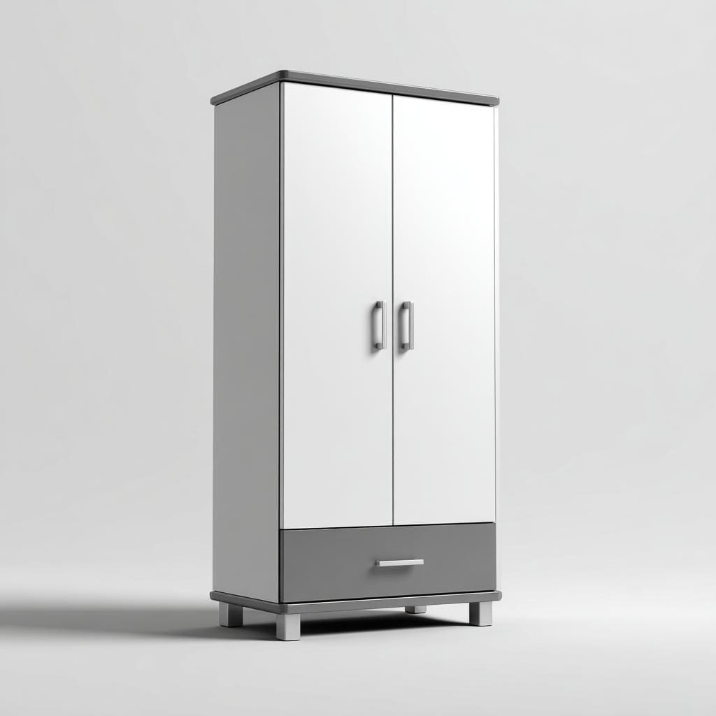 A compact dual-tone metal wardrobe with two white doors and a grey drawer at the bottom.