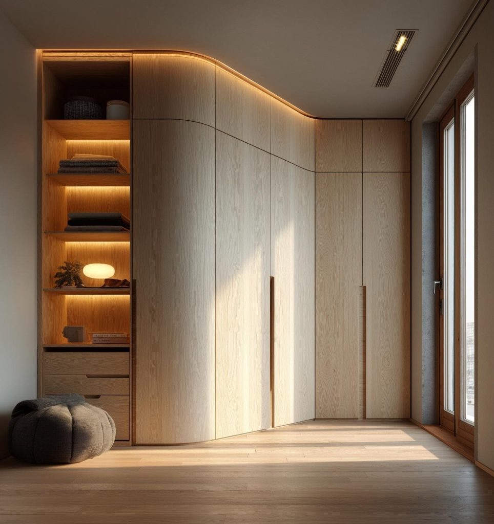 A bespoke corner wardrobe with dressing table nook featuring curved wooden panels and LEDs.