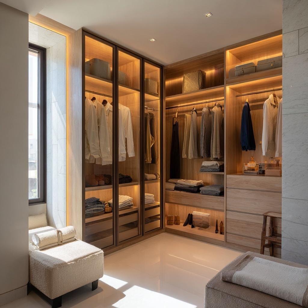 A spacious corner wardrobe with glass shutters, wooden shelving, and warm internal lighting.