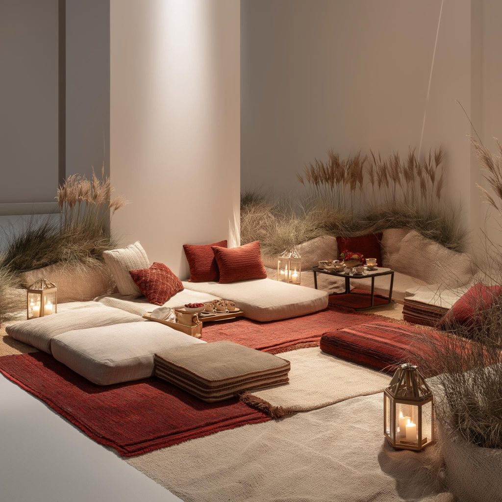 An inviting lounge setup with thick floor seating cushions, warm lanterns, and earthy toned rugs.