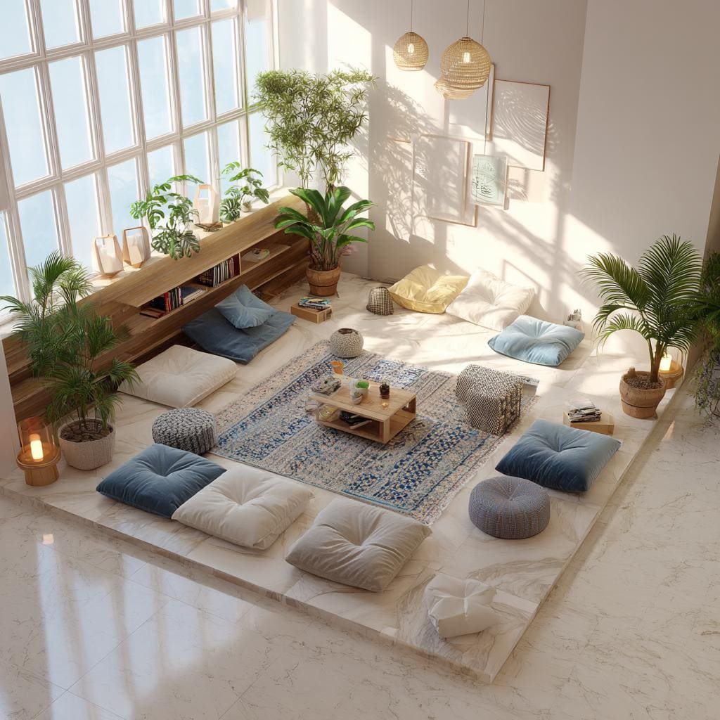 A large floor seating arrangement featuring a patterned rug and plush blue and white floor seating cushions on a marble platform.