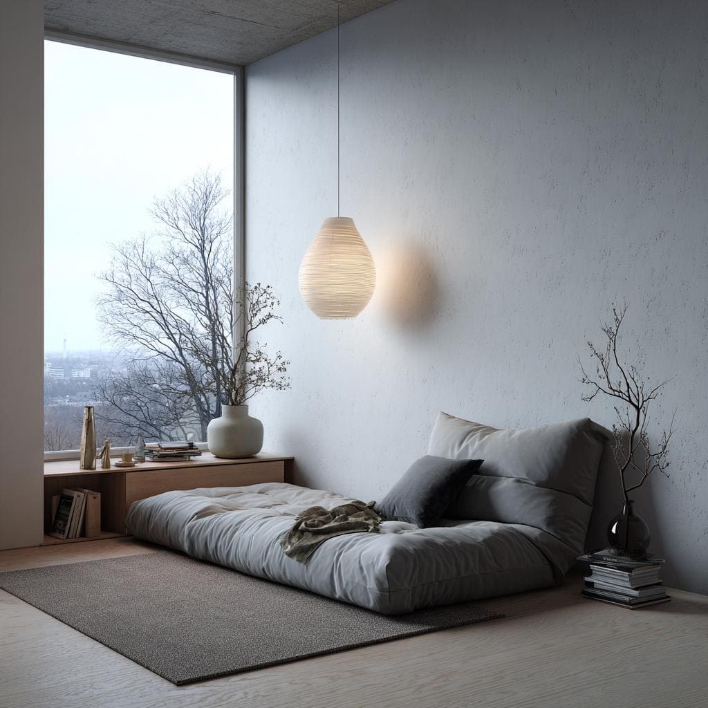 A modern floor seating layout in a living room near a window with a textured grey floor seating mattress and a paper pendant lamp.