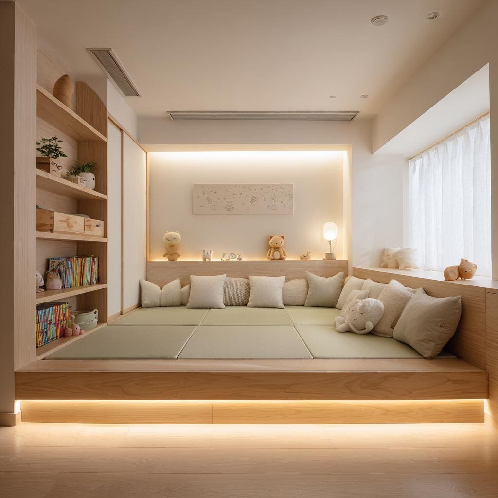 A cozy nursery nook featuring a soft green floor seating mattress on a raised wooden platform.