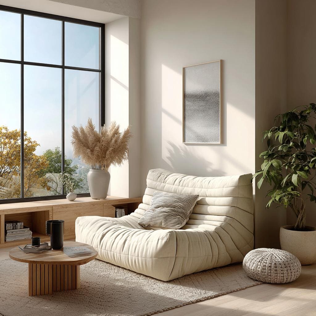 A cream colored floor seating sofa with a ribbed texture placed on a rug near a low wooden coffee table.