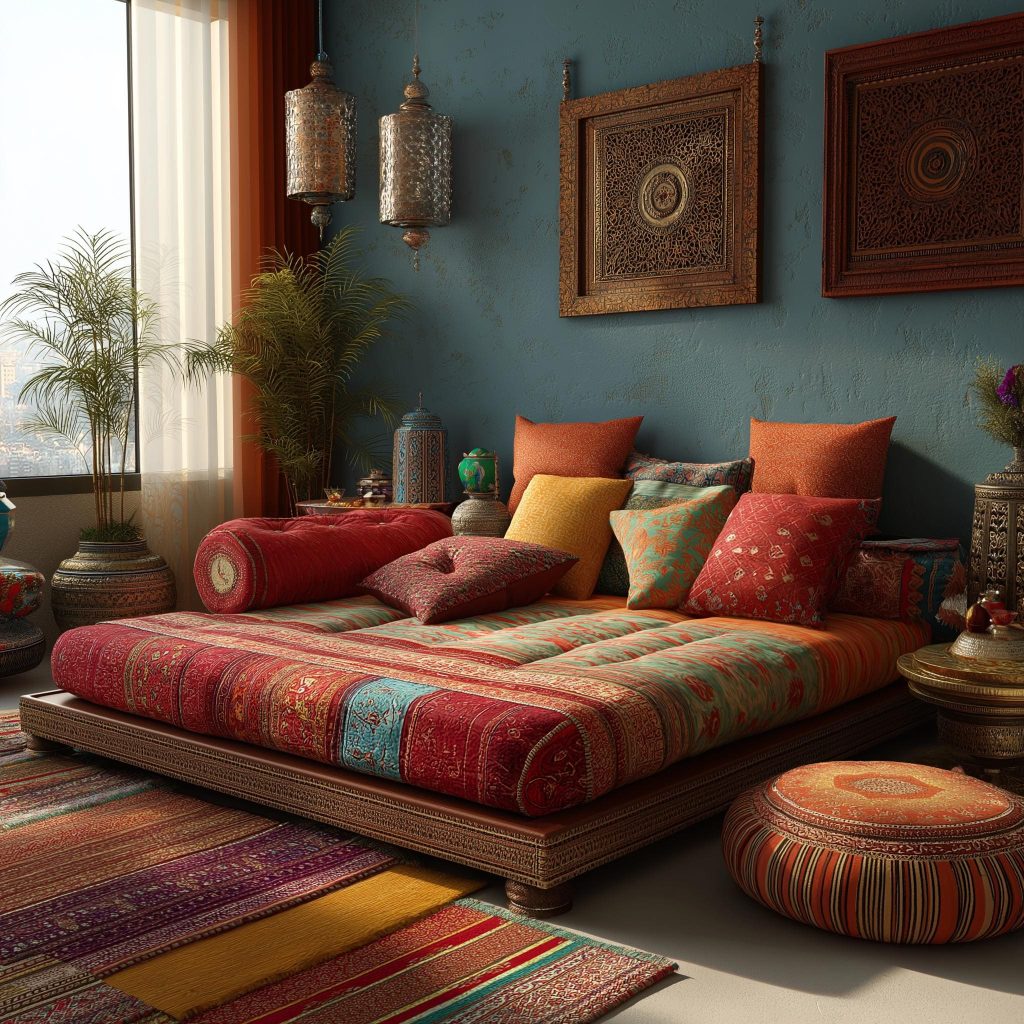 Ethnic Indian floor seating ideas with vibrant red and orange cushions on a carved wooden base.