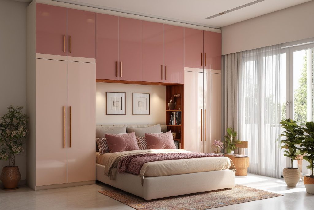 A vibrant pink and cream kids wooden wardrobe with overhead cabinets surrounding a bed.