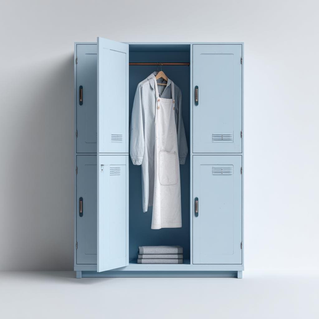 A light blue metal wardrobe design with multiple locker-style compartments and hanging space.