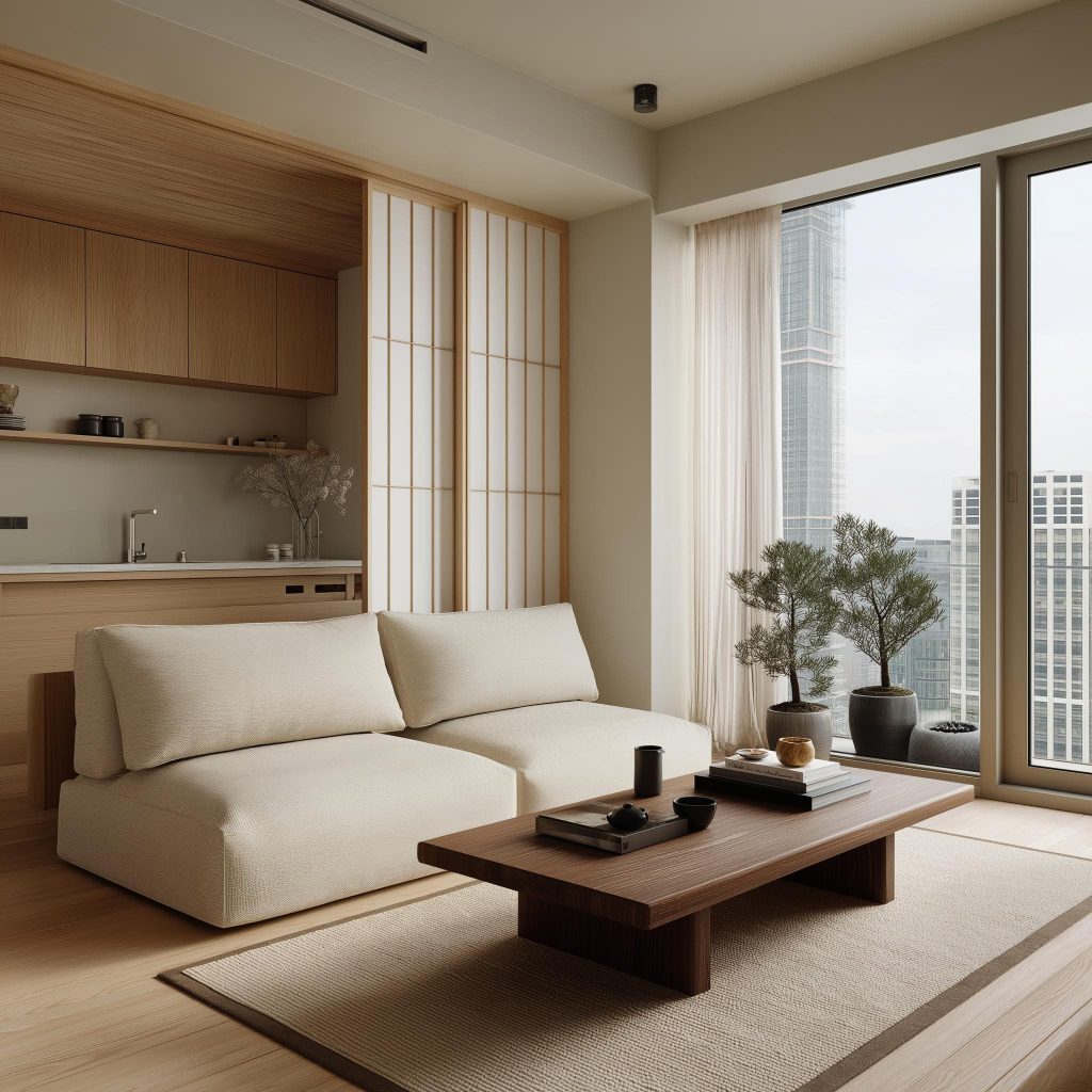 A Zen-inspired living room with a dark wood low height table for floor seating and cream cushions.