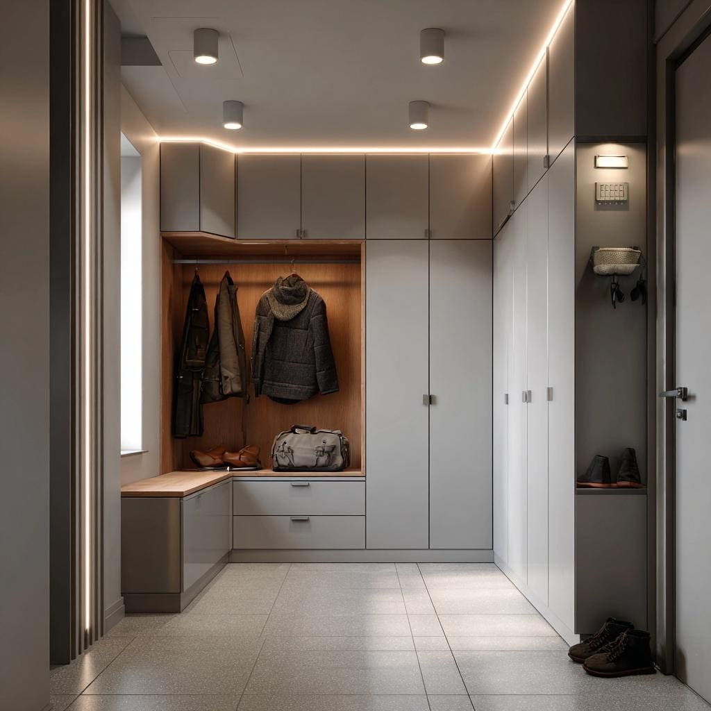 Grey l shaped corner wardrobe with built-in LED strip lighting and a wood-lined open nook.