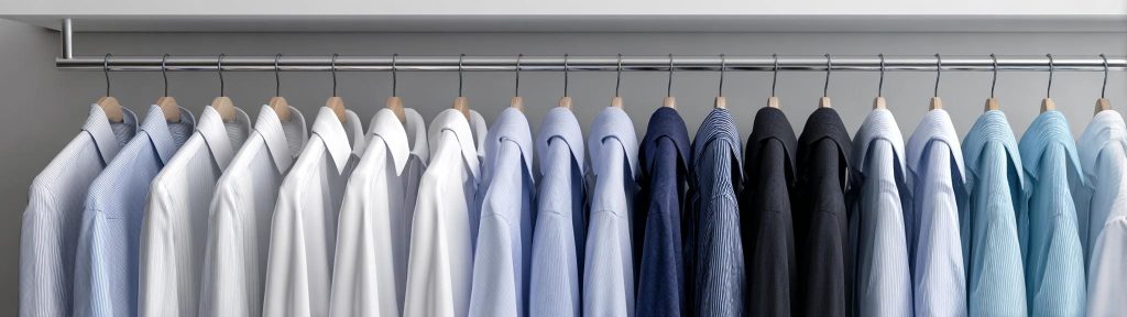 A collection of men's basic wardrobe essentials featuring formal shirts hung in a neat row.