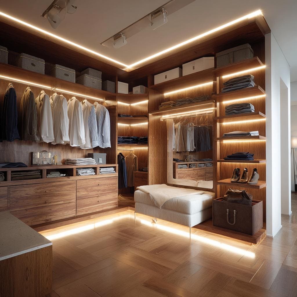 A clean mens basic wardrobe with wooden finish, warm LED lighting and organized hanging space.