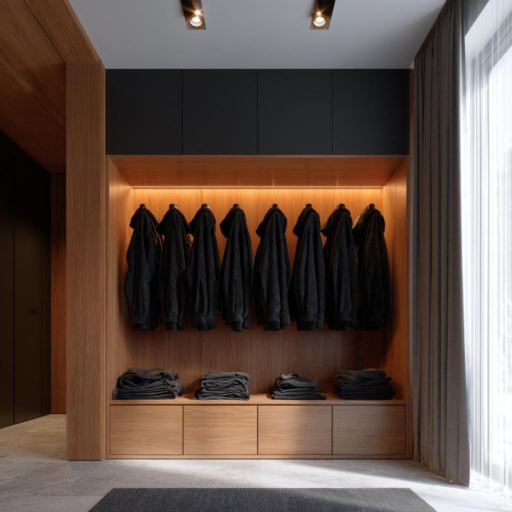 A modern men's wardrobe design with wood panels, black overhead lofts, and warm strip lighting.