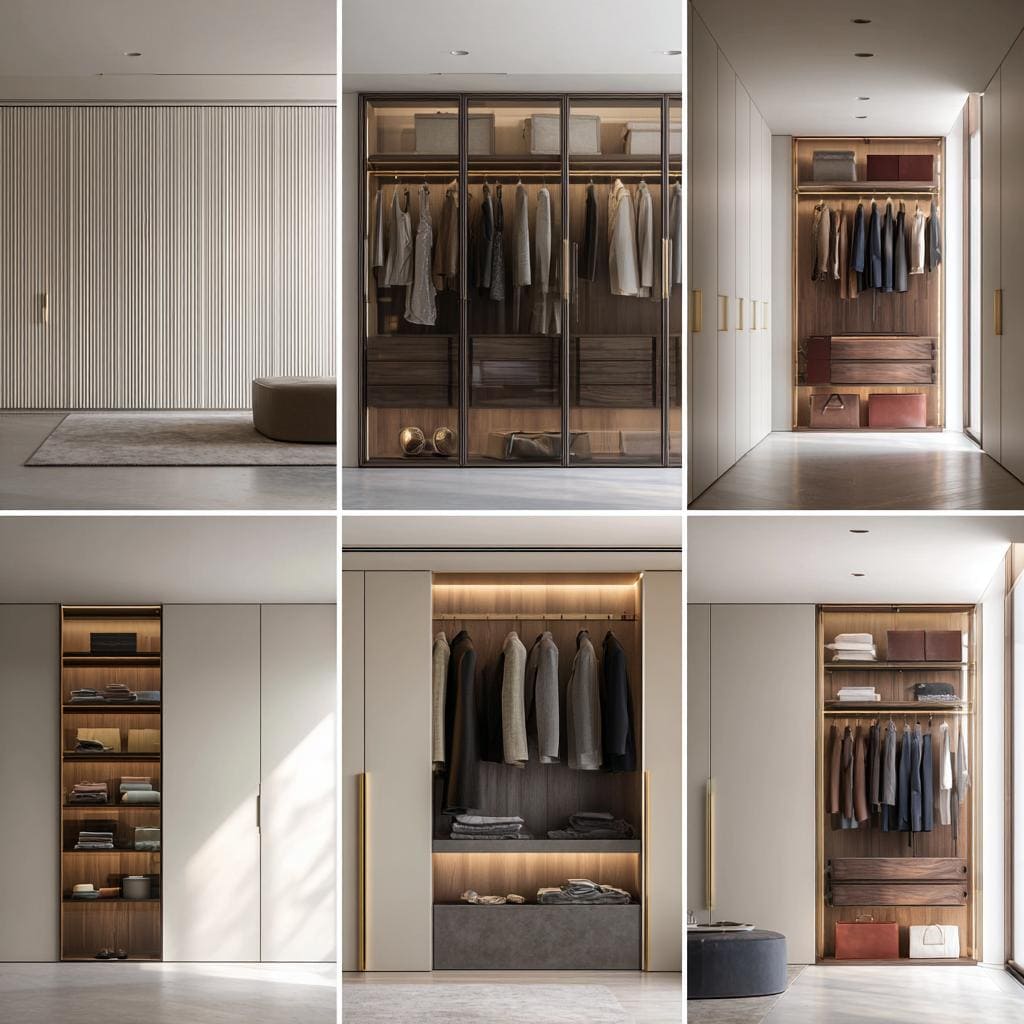 A modern mens wardrobe design with fluted panels, glass doors, and warm internal lighting.