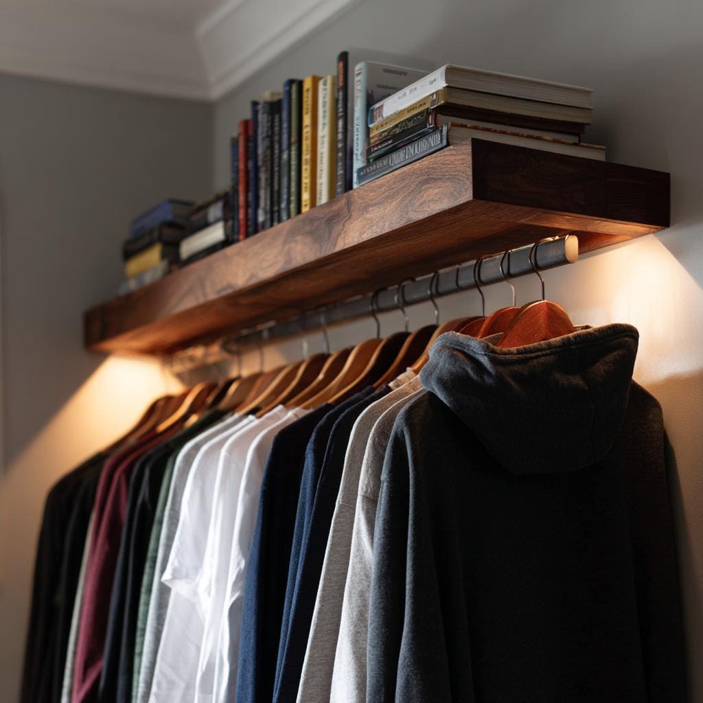 Smart men's wardrobe ideas featuring a wooden floating shelf with a hanging rod for clothes.