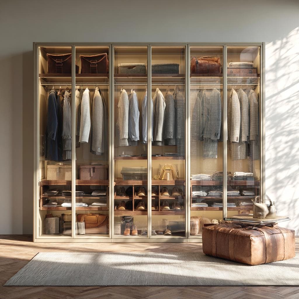 A luxurious men's wardrobe interior design with glass doors, leather seats, and warm lights.
