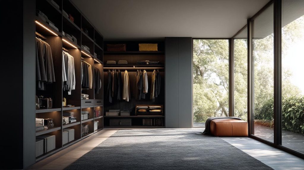 An open men's wardrobe interior design with dark cabinetry, profile lighting, and a garden view.