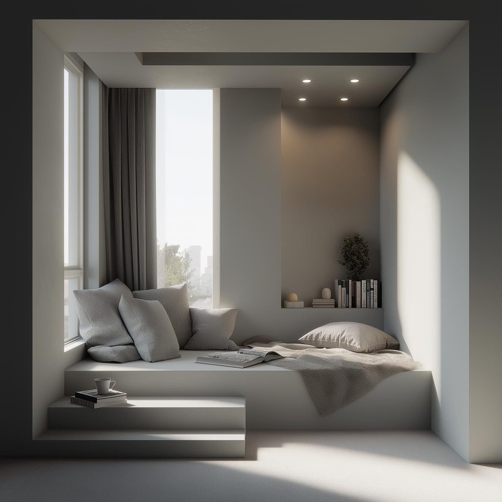 A safe and cozy reading nook with grey cushions that can double as a soft baby floor seat.