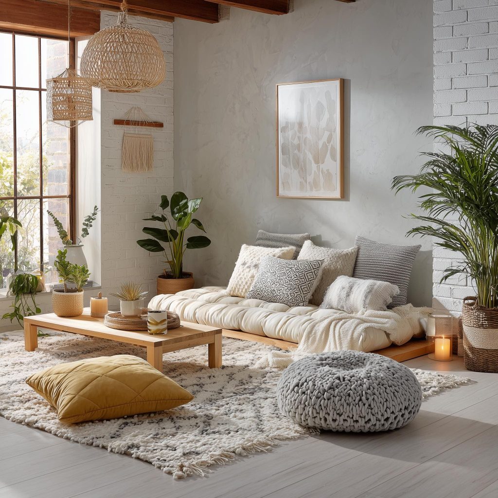 Cozy bohemian style floor seating furniture with a low wooden base, white mattress, and textured pillows.