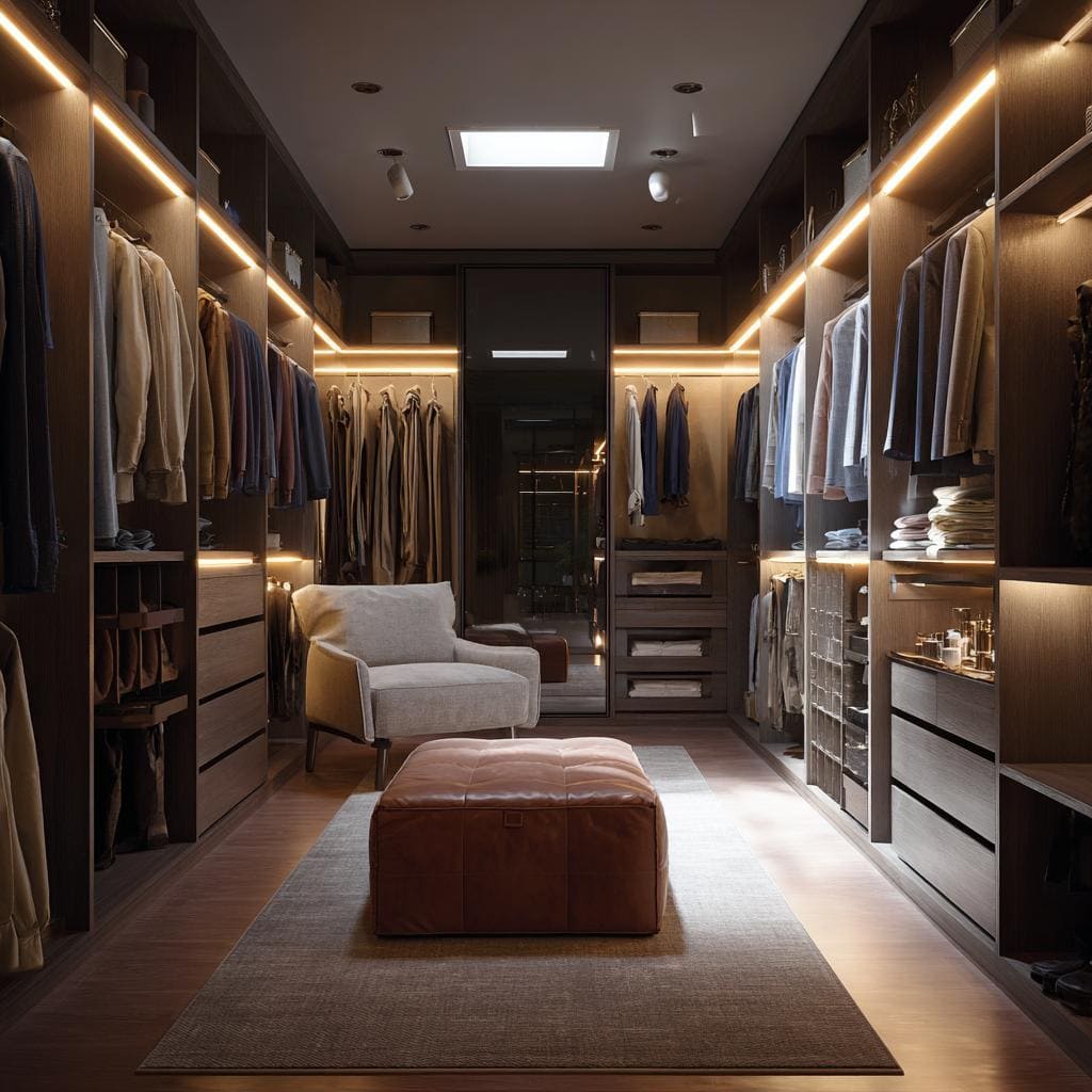 A spacious walk-in closet design for men with dark wood, warm LED strips and seating.