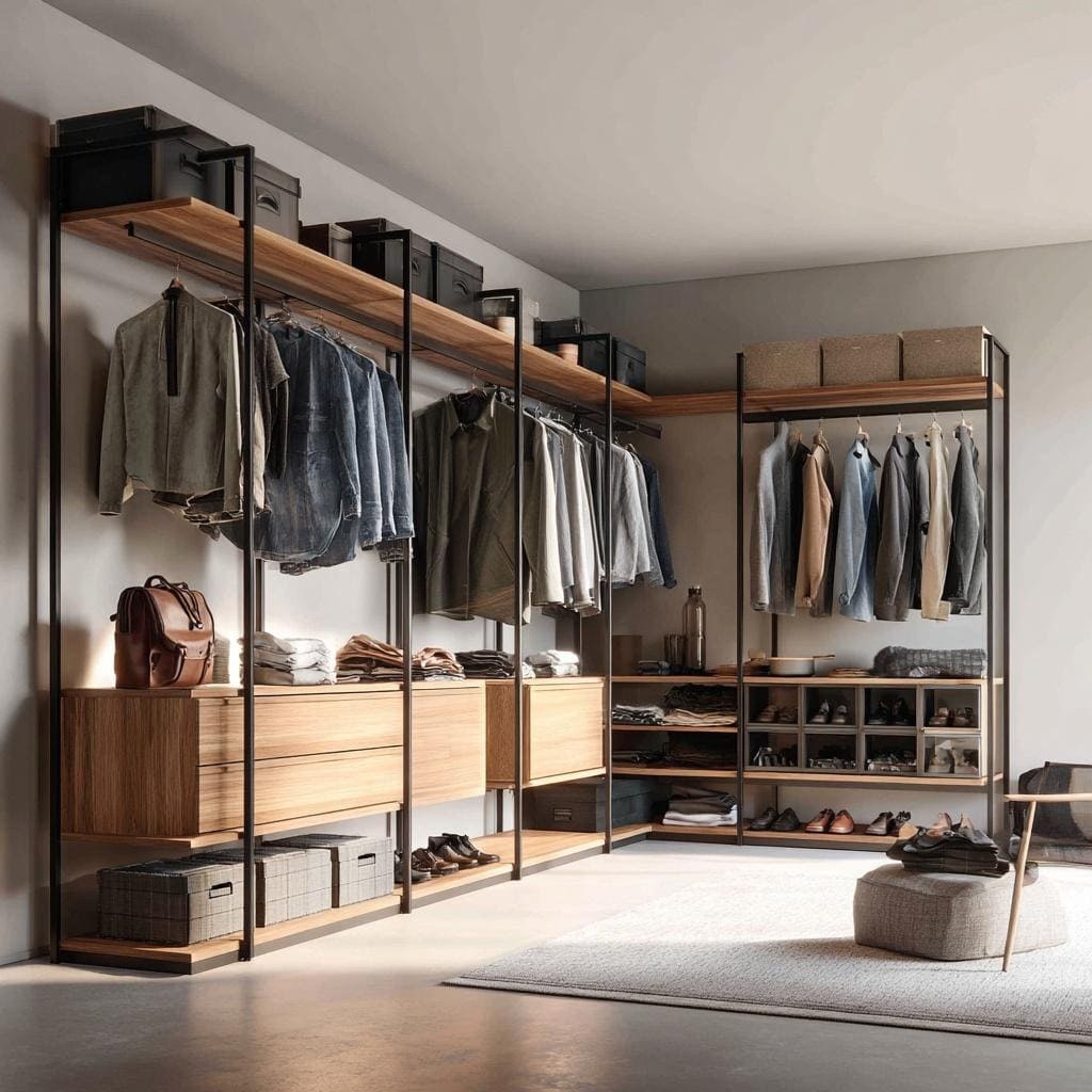 An open minimalist wardrobe men prefer with industrial metal frames, wood shelves, and neat organizers.