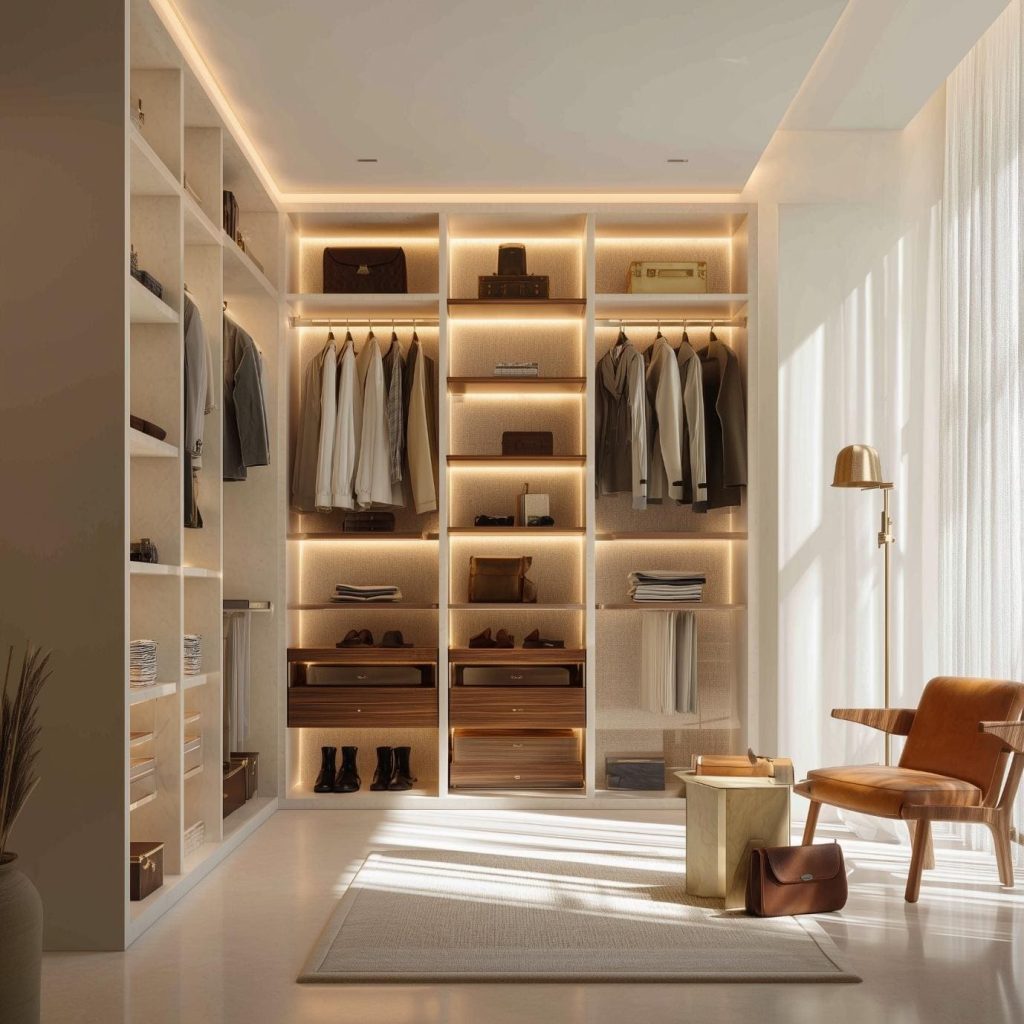 A sophisticated corner wardrobe design with warm LED backlighting and open wood drawers.