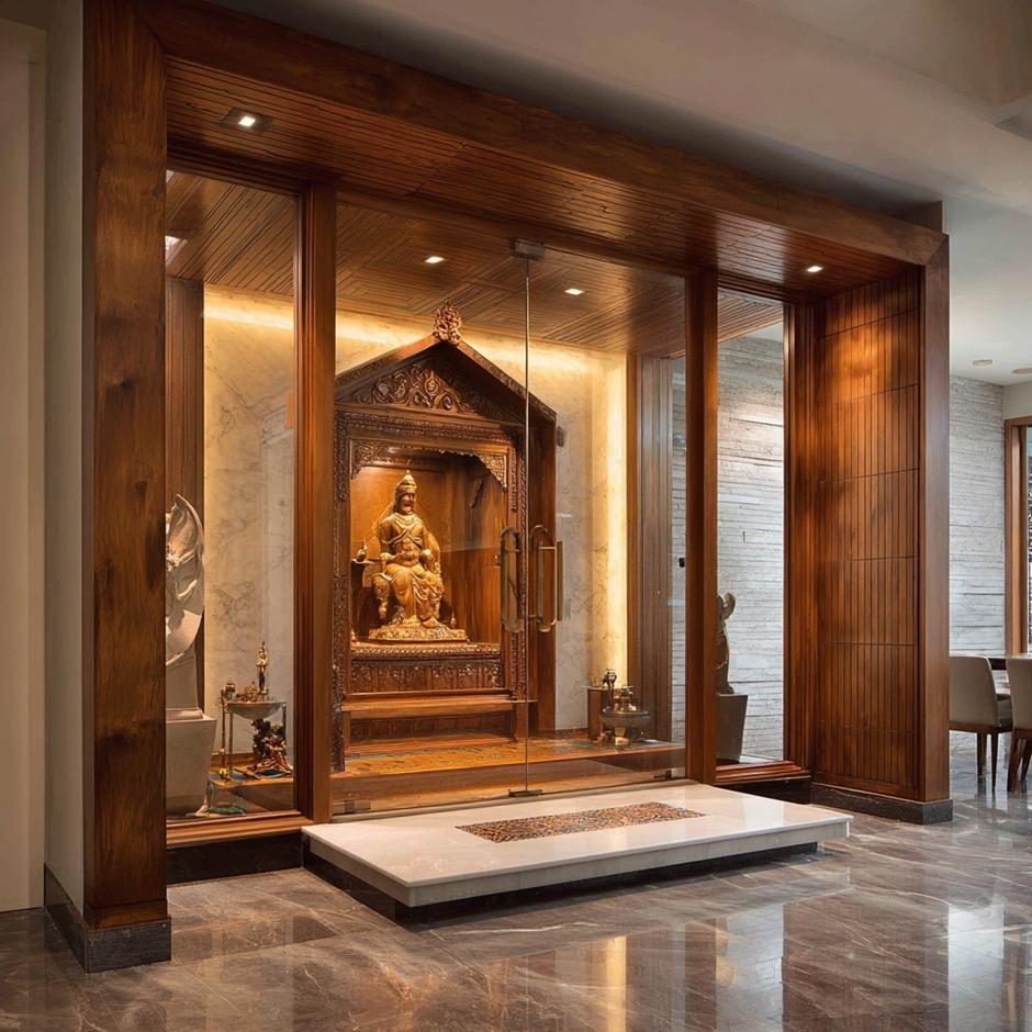 Ornate wooden carved mandir housed within a modern glass cabinet with warm spotlights.
