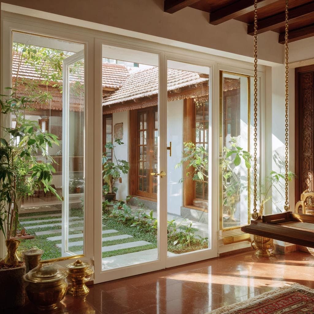 Polished white main double door designs for home with large glass panes facing a courtyard.