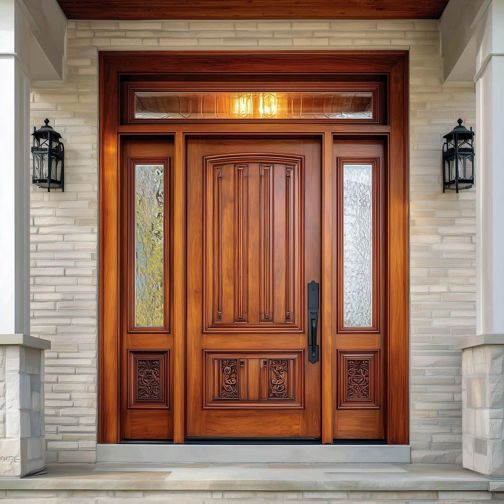 Polished teak wooden door design for home with side glass panels and intricate carvings.