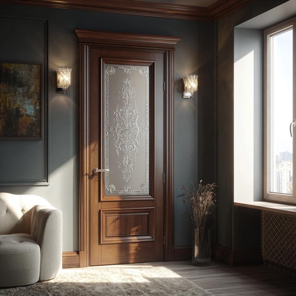 A luxury glass door design for home featuring frosted panels with elegant etched patterns.