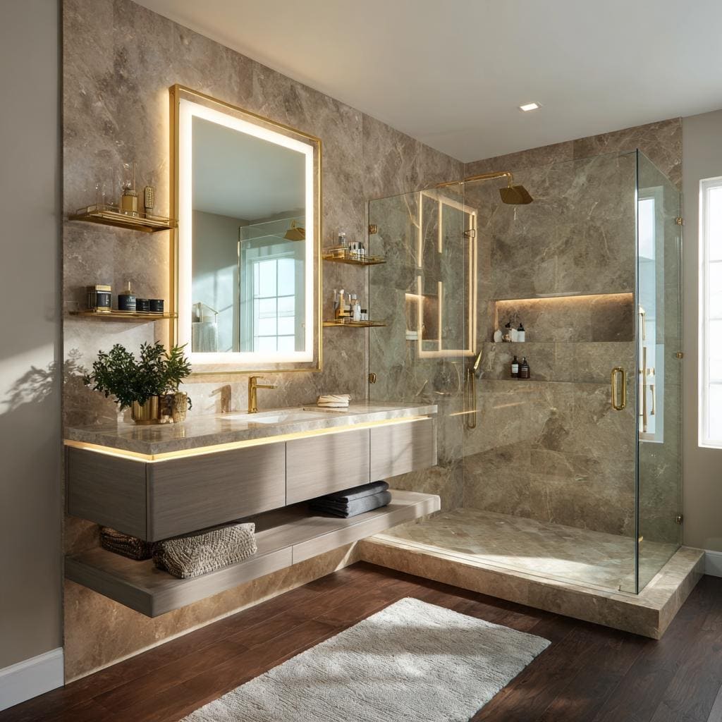 A luxury marble bathroom with a backlit mirror representing futuristic interior design.