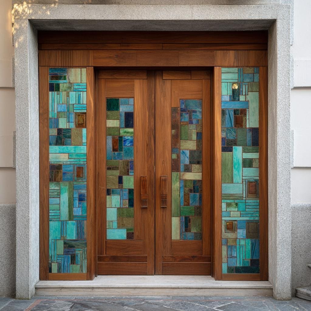 A teak double door design for home featuring beautiful blue and green stained glass panels.