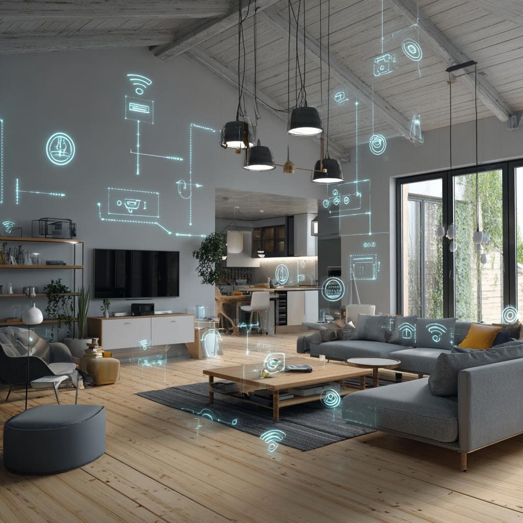 A rustic modern lounge featuring home automation integration for smart device control.