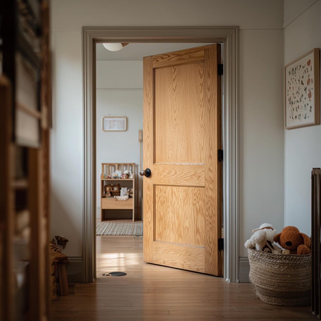 Minimalist light oak bedroom door designs for home with a classic two-panel wood structure.