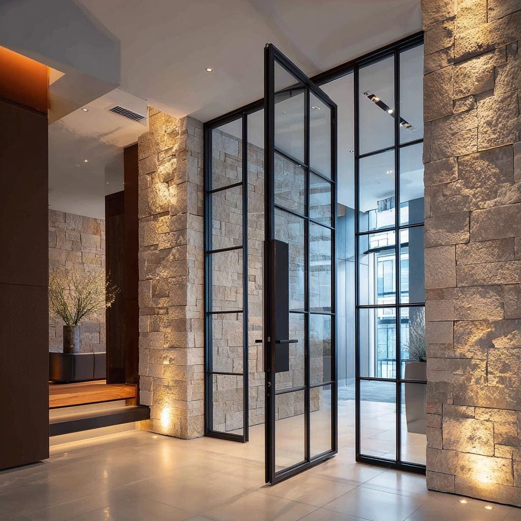 A modern home front door design featuring a black metal frame and large clear glass panes.