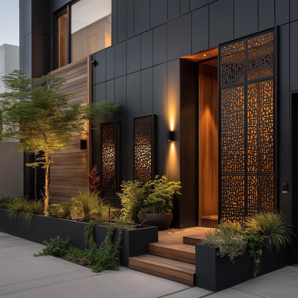 A modern perforated safety door design for home with intricate glowing patterns at dusk.