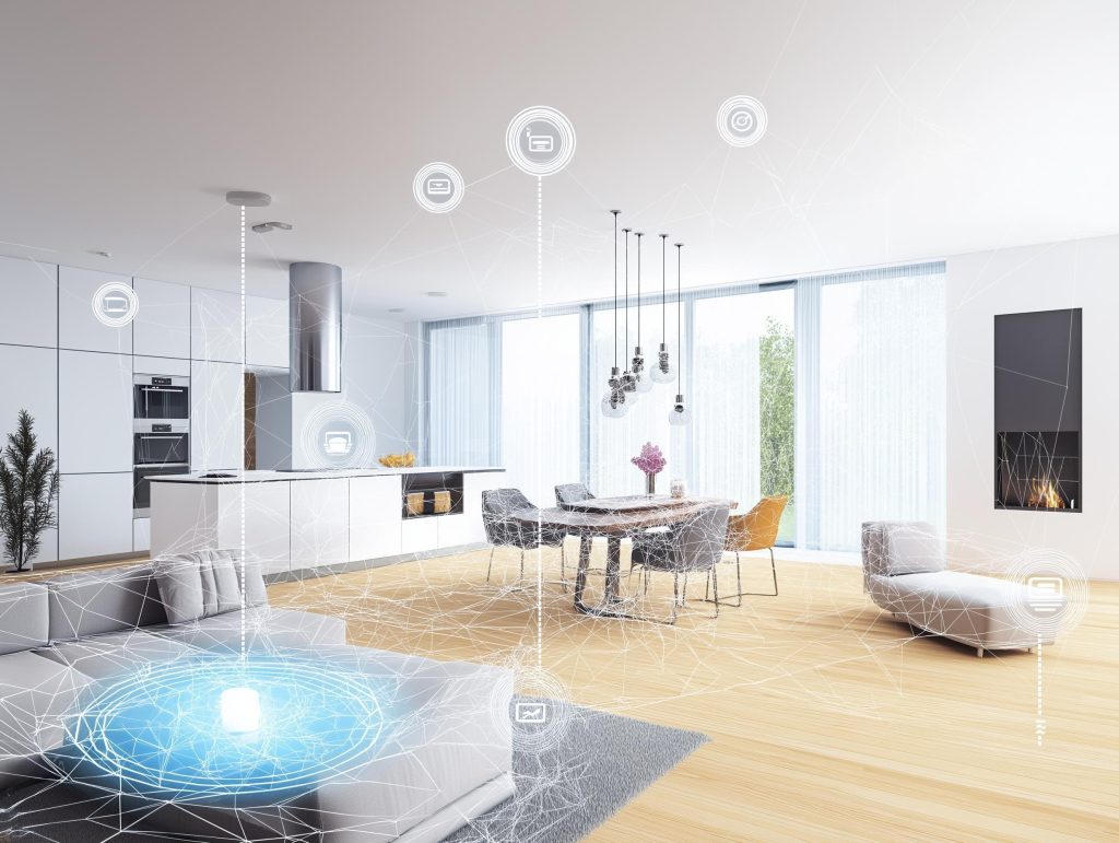 A bright open living space showcasing modern smart home interior design with digital icons.