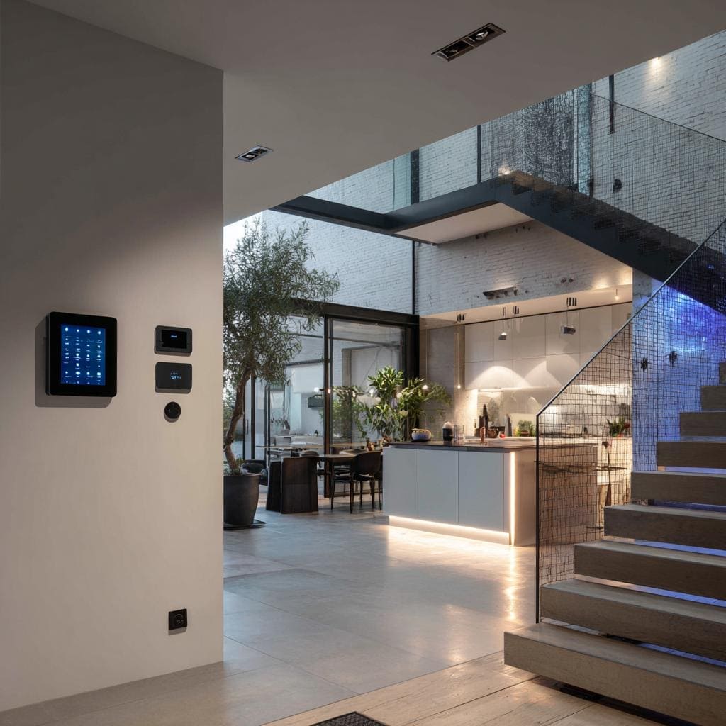 A luxury multi-level villa featuring modern smart home interior design with wall panels.