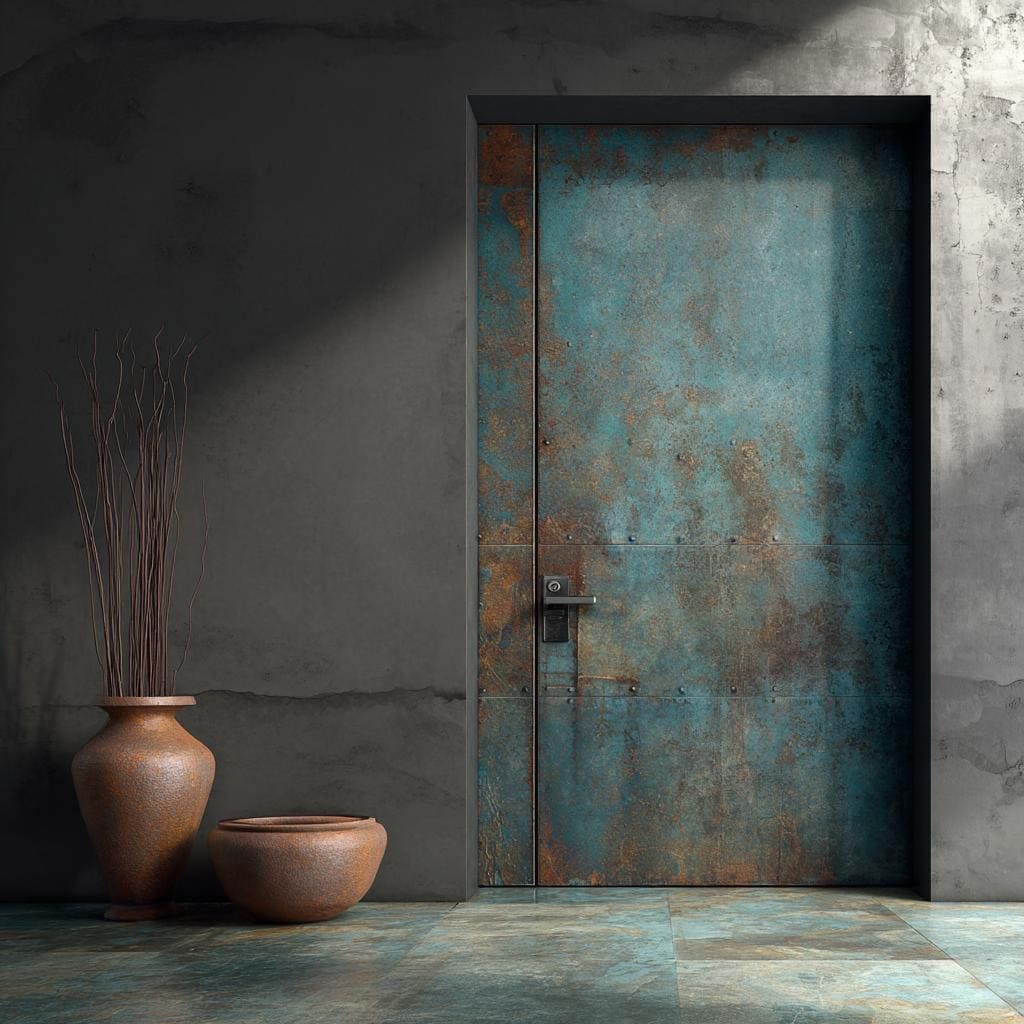 A modern door design for home featuring a weathered turquoise metal finish and dark frame.