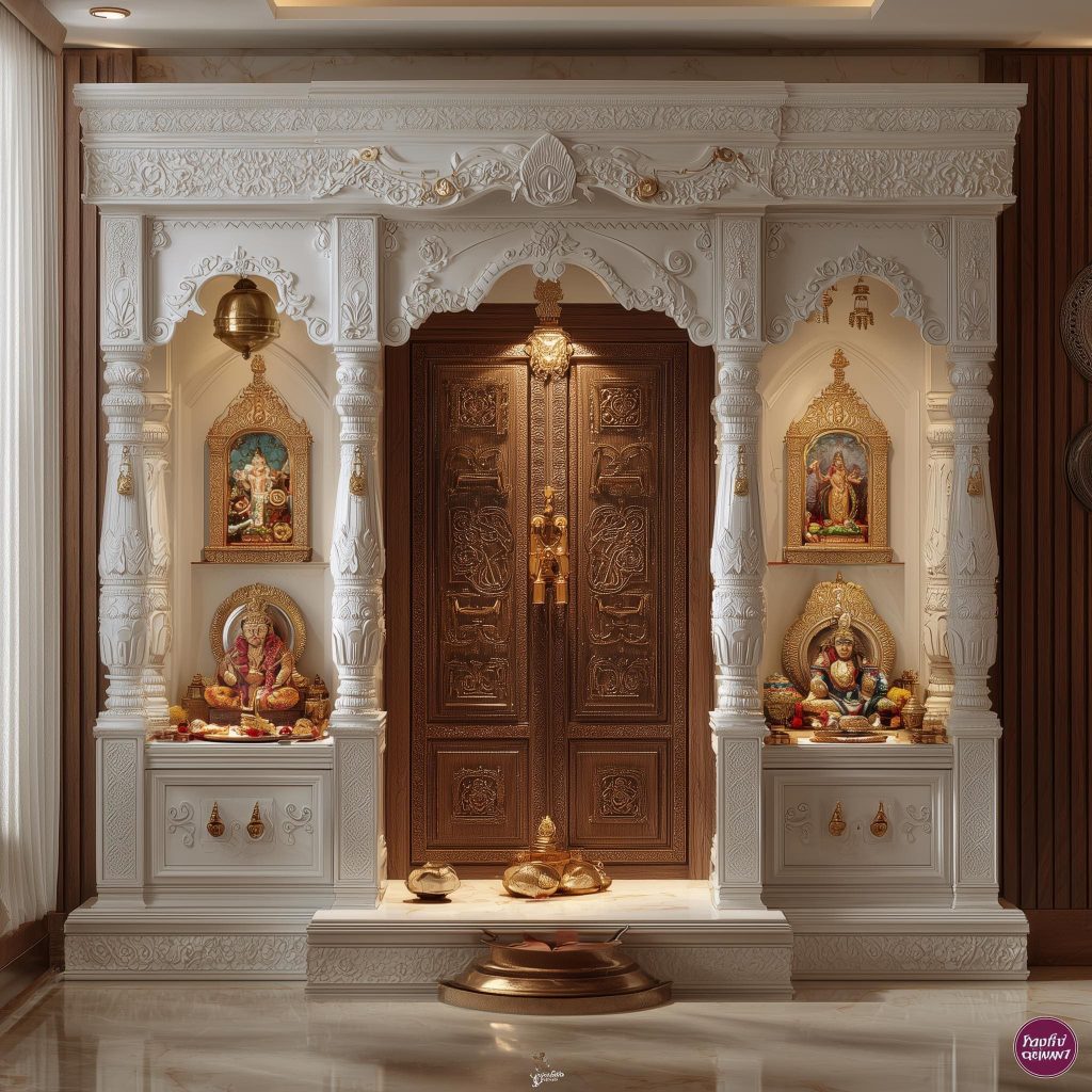 Decorative pooja room door designs for Indian homes featuring intricate wooden carvings.