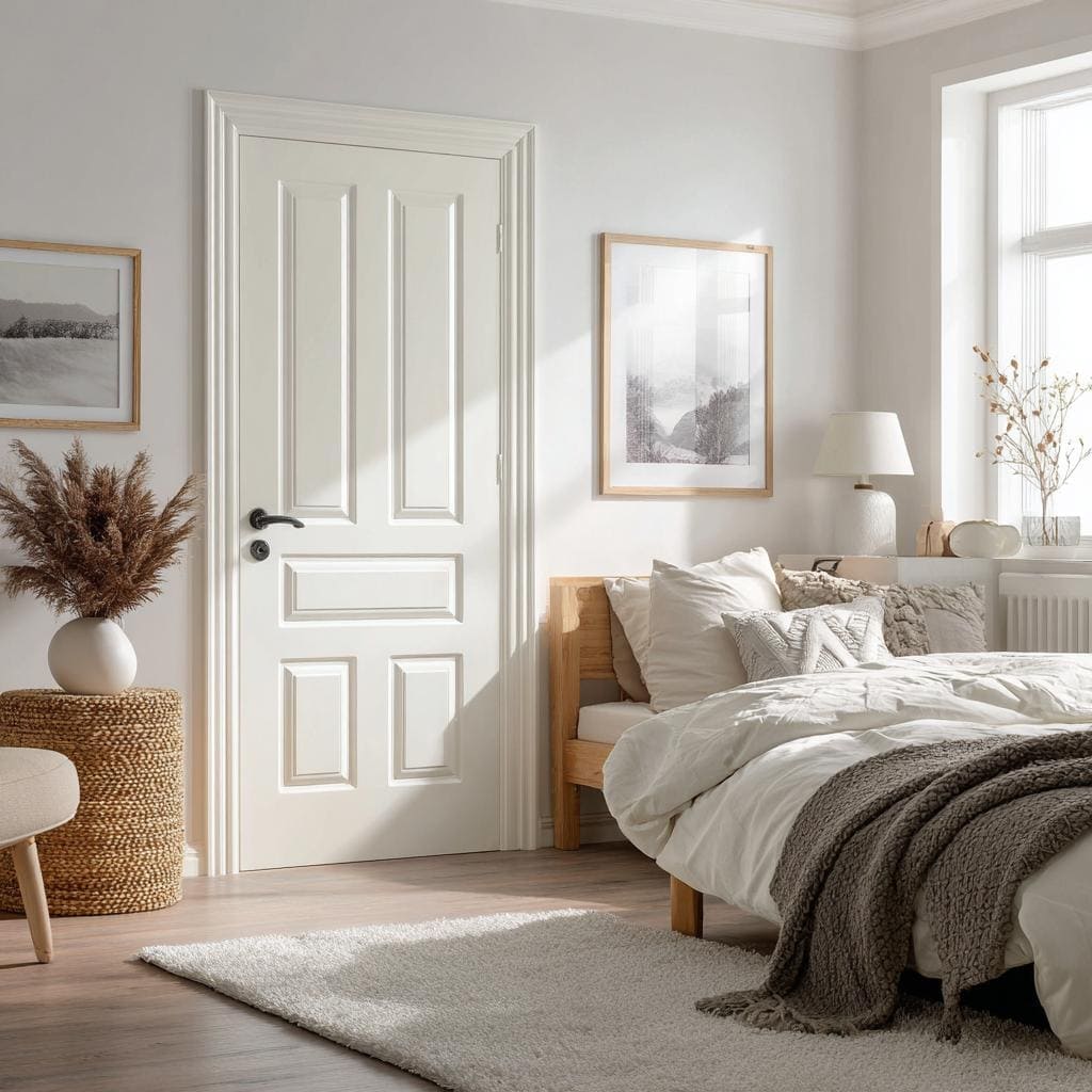 A white simple door designs for home with classic recessed panels in a bright bedroom.