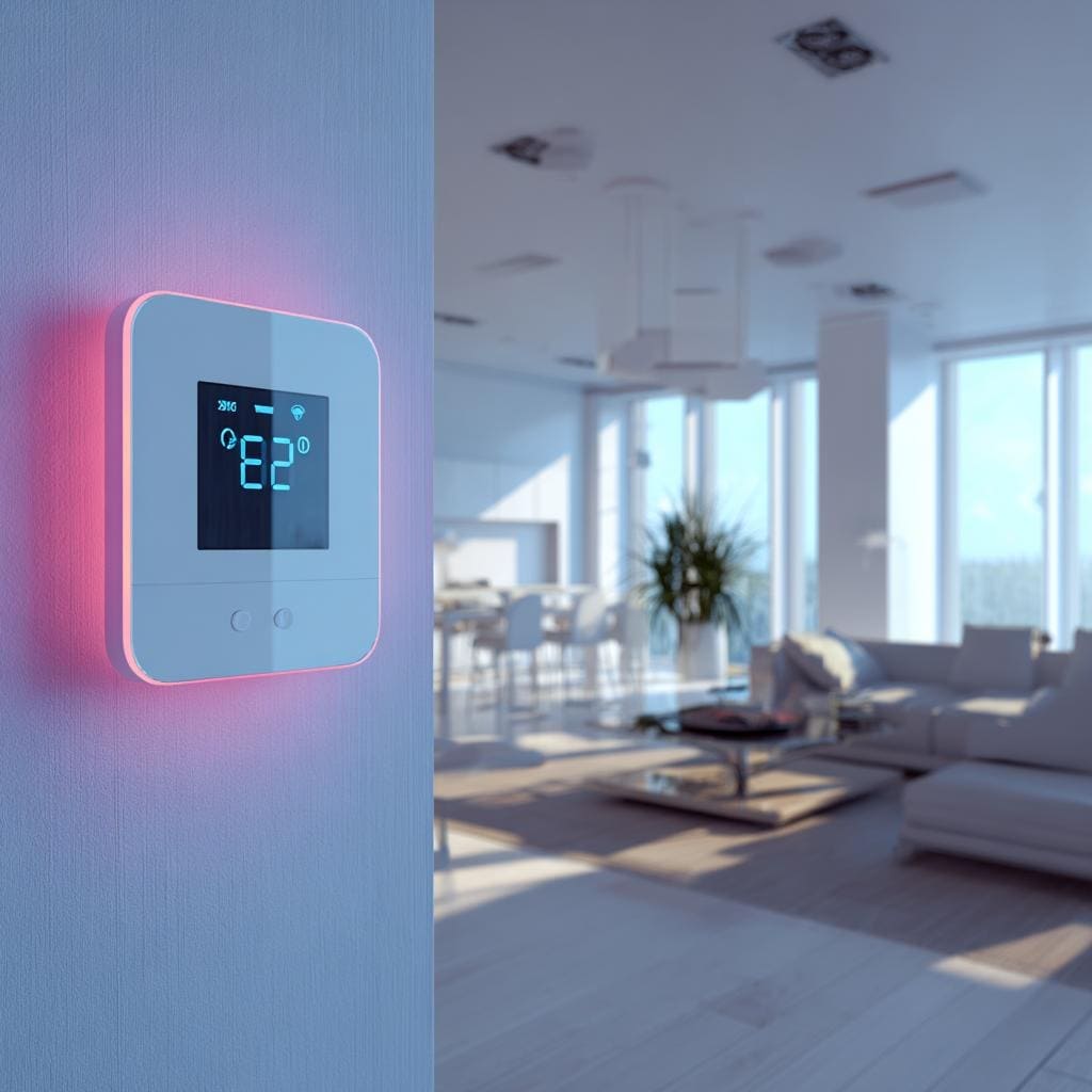 A wall-mounted digital thermostat shows the benefits of smart homes for climate control.